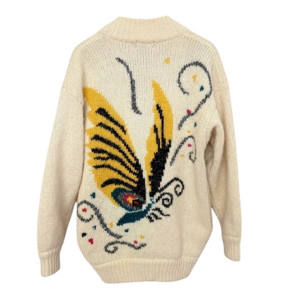 Vtg RARE UNO & UNA Butterfly Knit Cardigan Sweater Cream Wool Blend - Picture 2 of 11